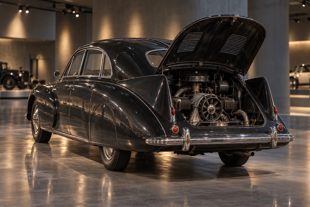 Rear view of a black vintage Tatra T87 streamliner car with its engine hood open in a modern museum exhibition hall