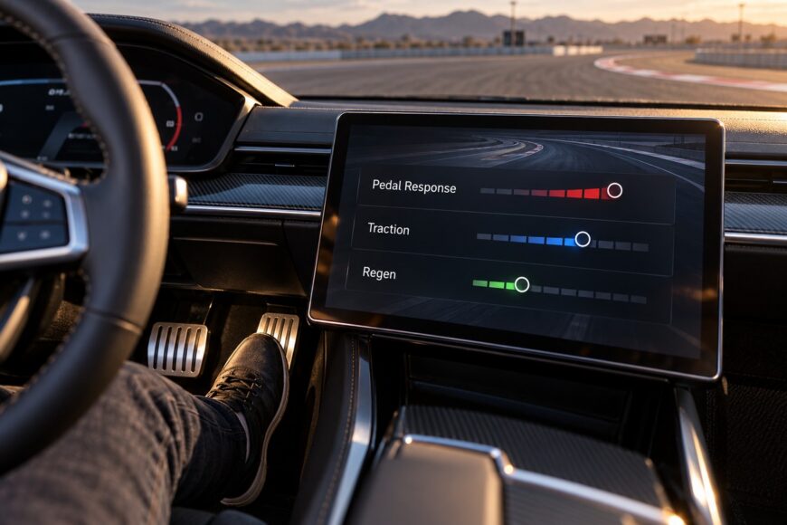 Driver adjusting custom pedal response and traction settings on the touchscreen display inside a car