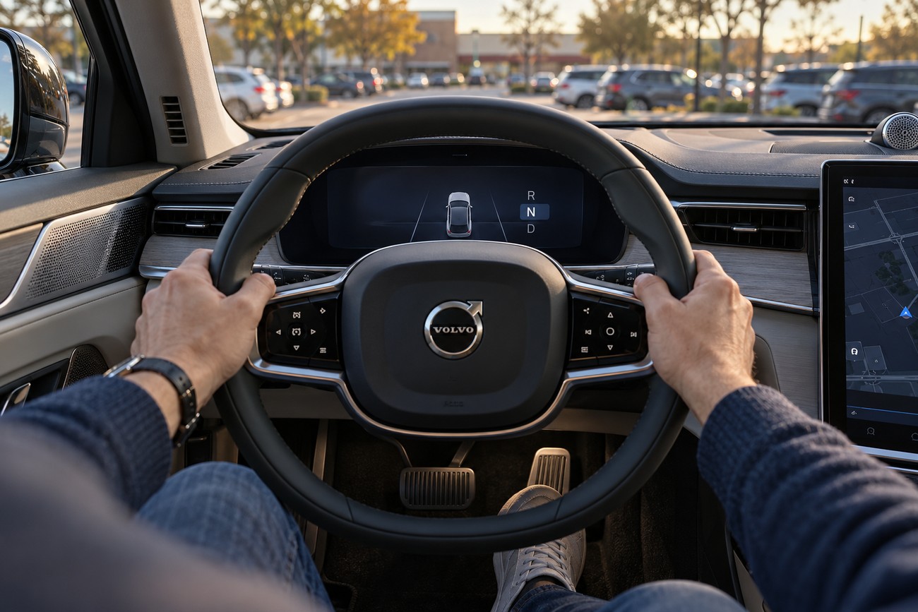 Driver holding the steering wheel and pressing the pedal inside a Volvo car with digital displays visible