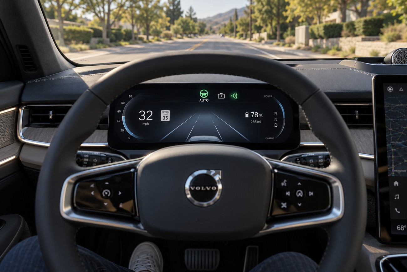 Driver view from inside a Volvo showing the digital instrument cluster and pedals while driving on a sunny road