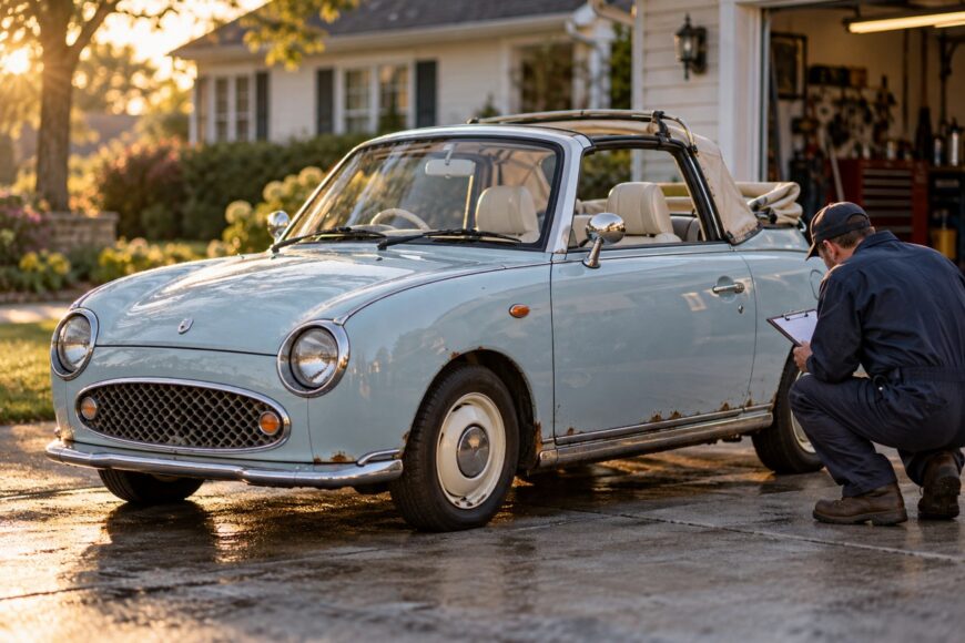Mechanic crouching down with a clipboard to inspect a light blue Nissan Figaro retro convertible in a driveway
