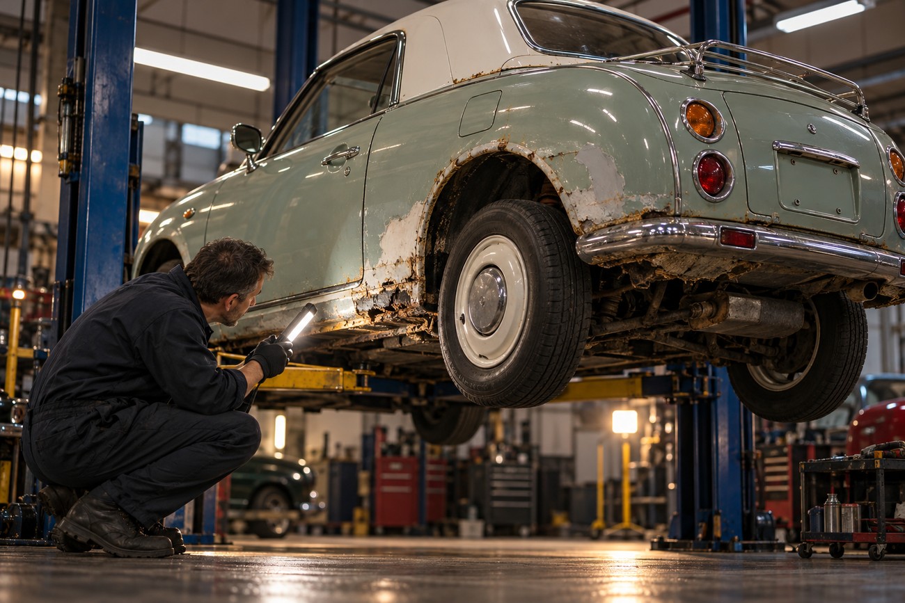 Mechanic squatting and inspecting rust damage on the underbody of a light green Nissan Figaro raised on a car lift in a service garage