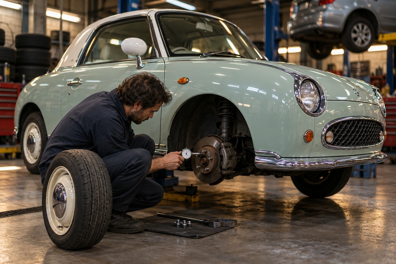 A mechanic inspecting the front brake disc of a pale green retro Nissan Figaro in a repair shop