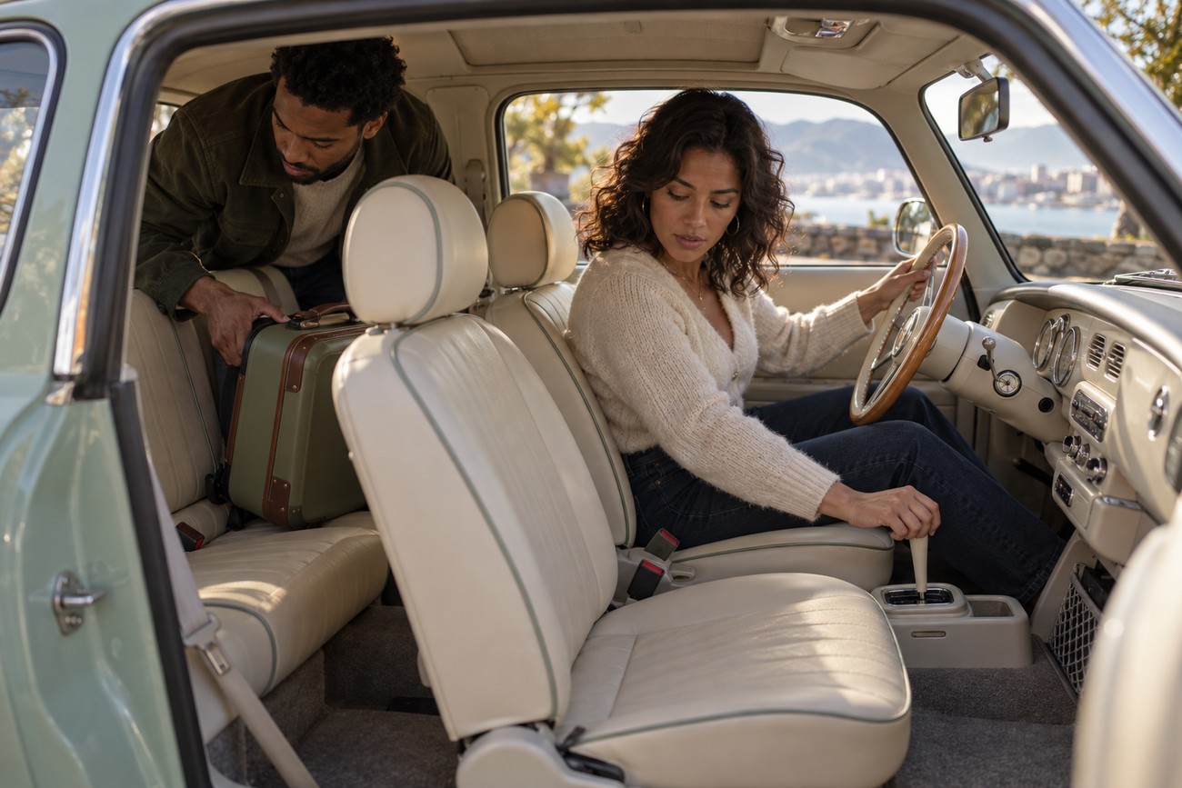 A woman sitting in the driver seat and a man placing a vintage suitcase in the back of a classic Nissan Figaro