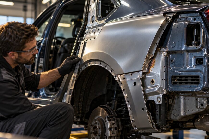 Mechanic in safety glasses holding a measuring tool against a new car quarter panel in a workshop
