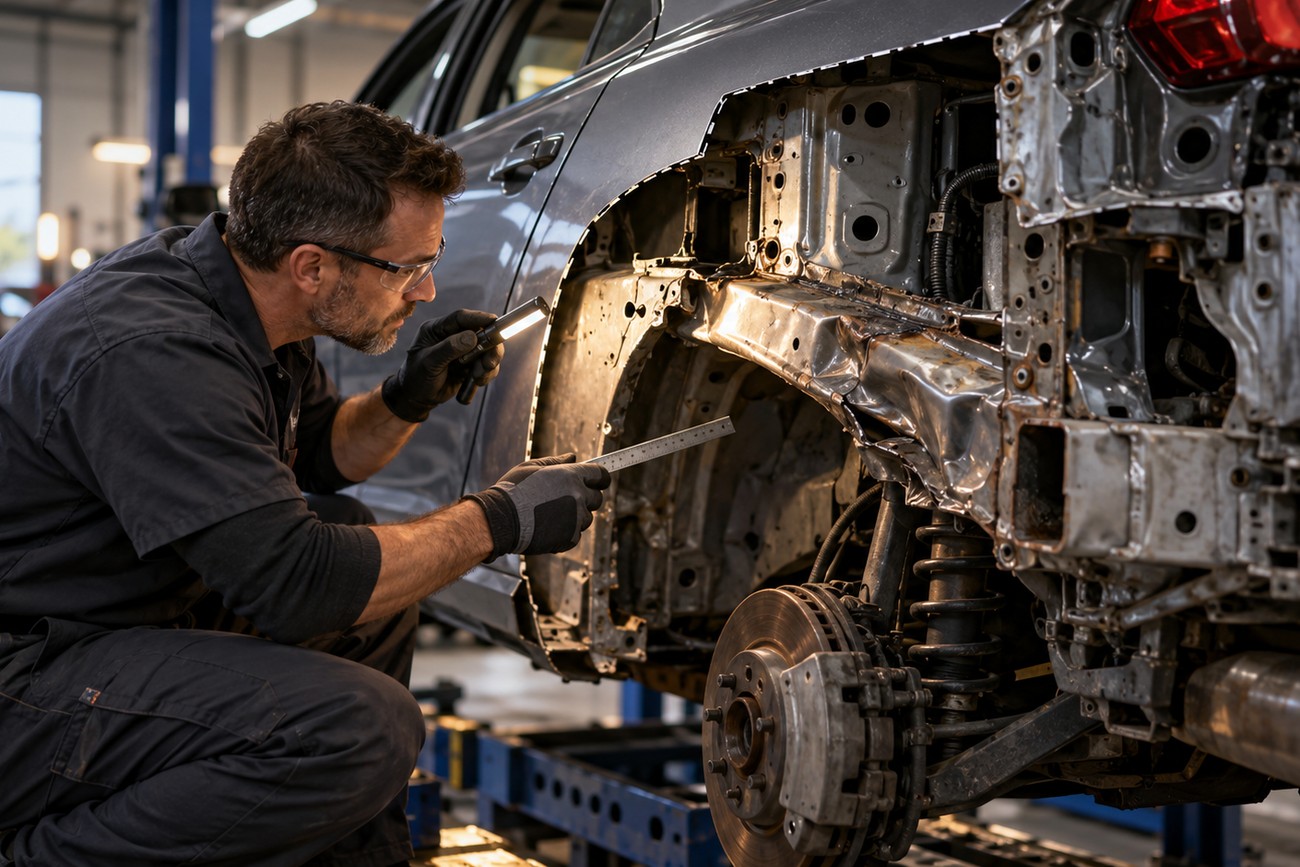 A mechanic in protective glasses and gloves inspects a car quarter panel section with a flashlight in a workshop