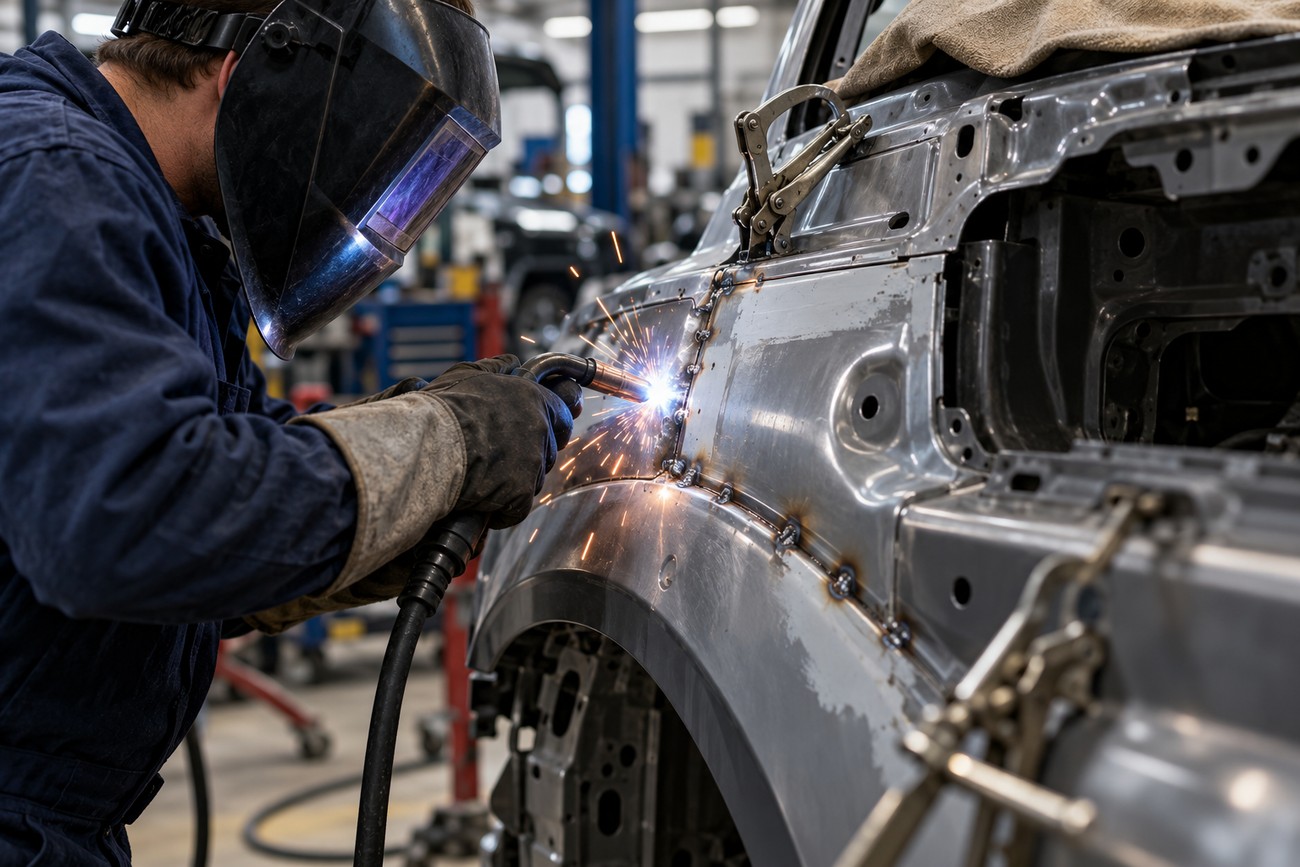 A mechanic wearing a welding helmet welds a new quarter panel section onto a car body in a repair shop