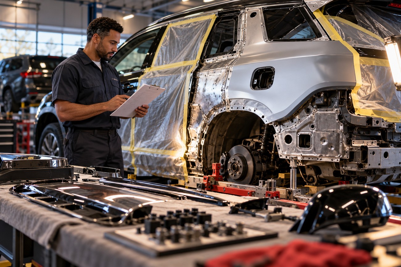 Mechanic reviewing notes on a clipboard next to an SUV undergoing rear quarter panel replacement in an auto body shop