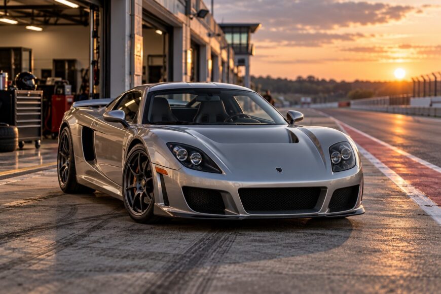 Silver Rossion Q1 track-day supercar parked in the pit lane by the garages during a bright sunset