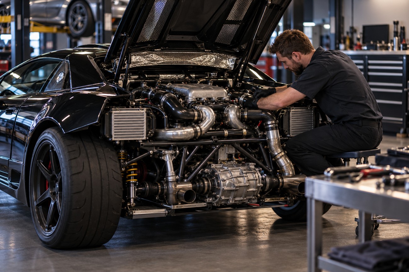 A mechanic in black overalls servicing the exposed engine bay of a black Rossion Q1 supercar in a garage