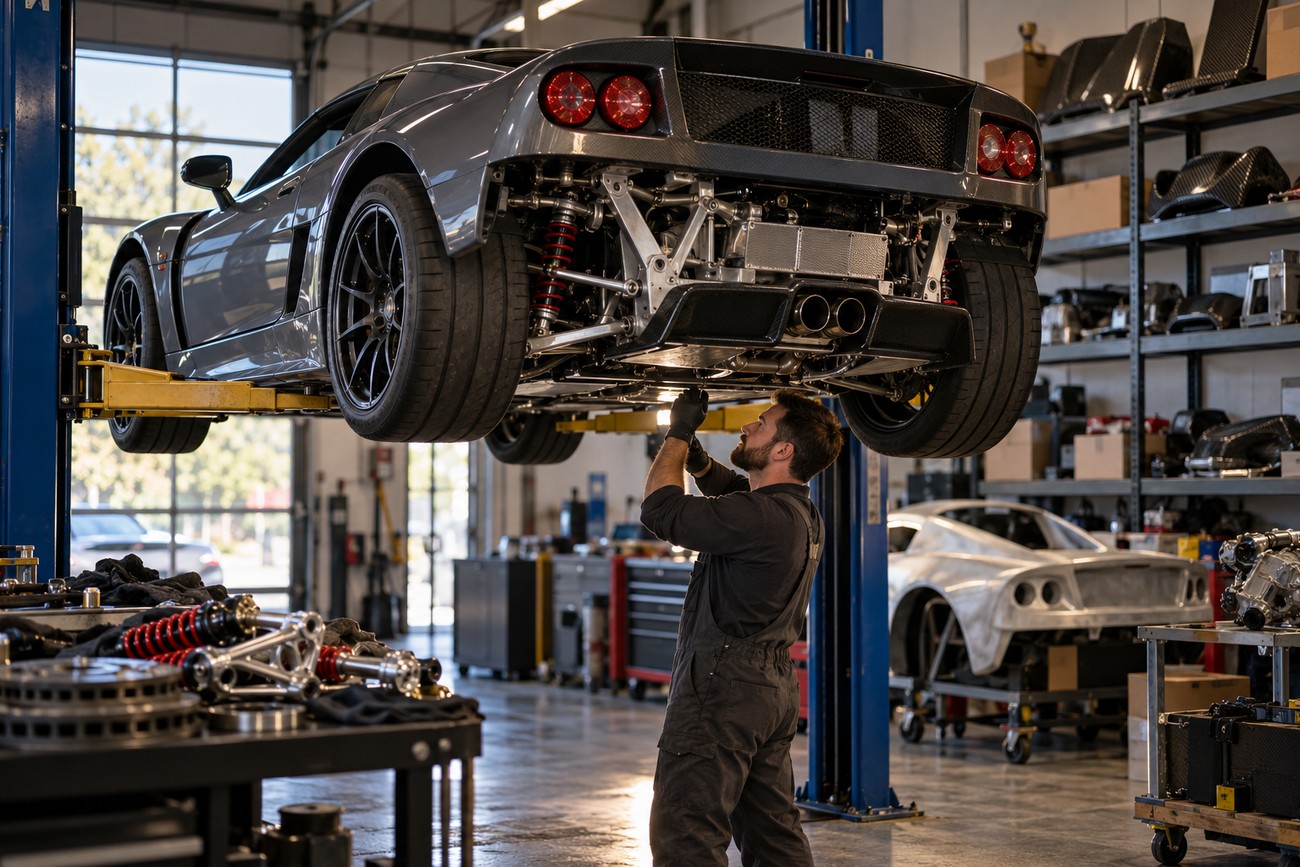 A mechanic in overalls inspecting the rear suspension and undercarriage of a grey Rossion Q1 supercar lifted on a hydraulic hoist in a garage