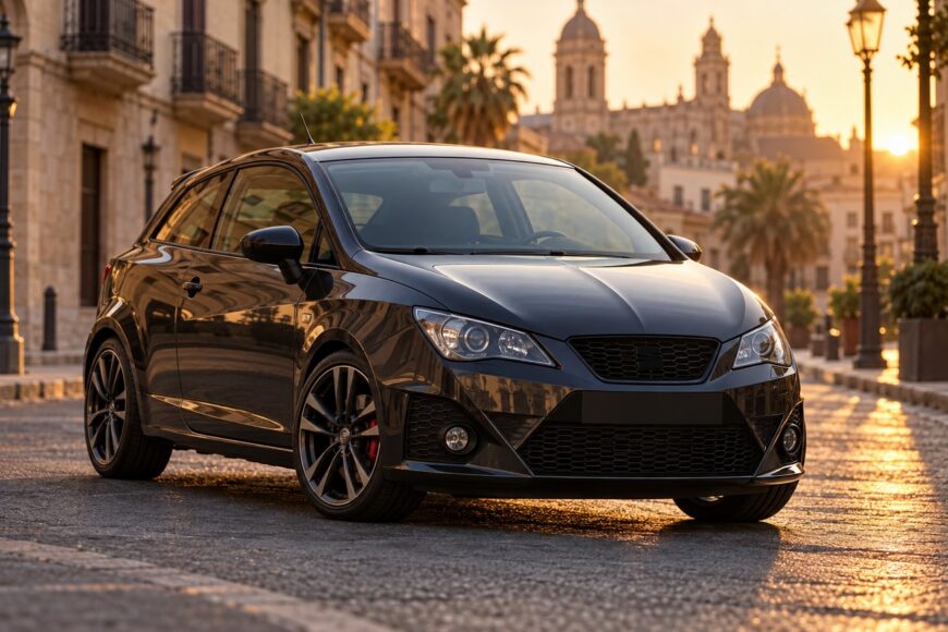 Black Seat Ibiza Bocanegra hot hatch parked on a scenic cobblestone street during sunset in a historic city