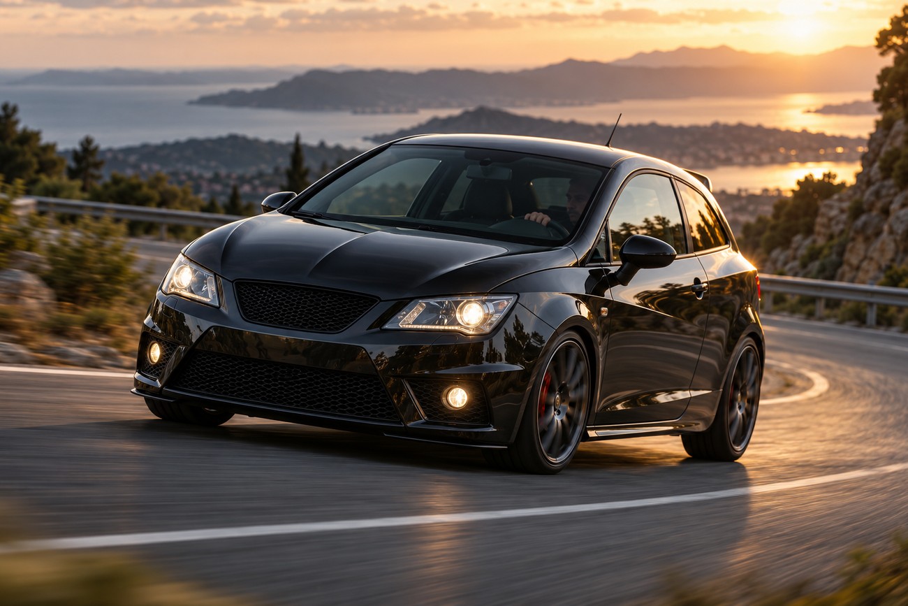Black Seat Ibiza Bocanegra hot hatch driving on a winding coastal road during sunset