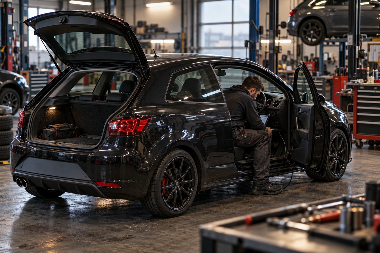 A mechanic in workwear sits inside a black Seat Ibiza Bocanegra with open doors and trunk in a modern auto repair shop