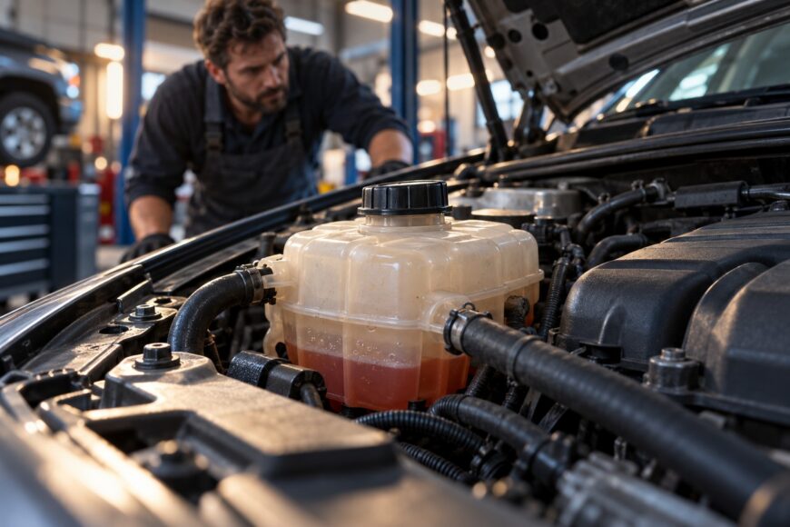 Mechanic in dark overalls inspecting the coolant reservoir under the hood of a car in an auto repair shop