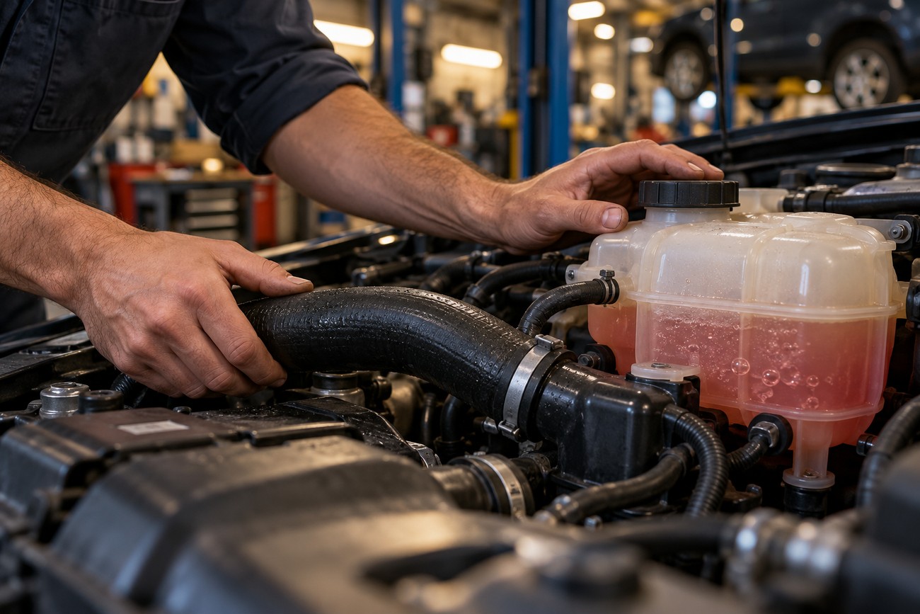 A mechanic in a workshop checks the coolant reservoir and hoses under the car hood