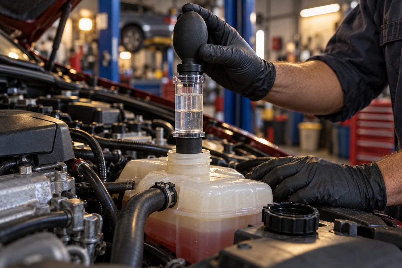 Mechanic wearing black gloves testing car coolant reservoir for exhaust gases with a block tester kit