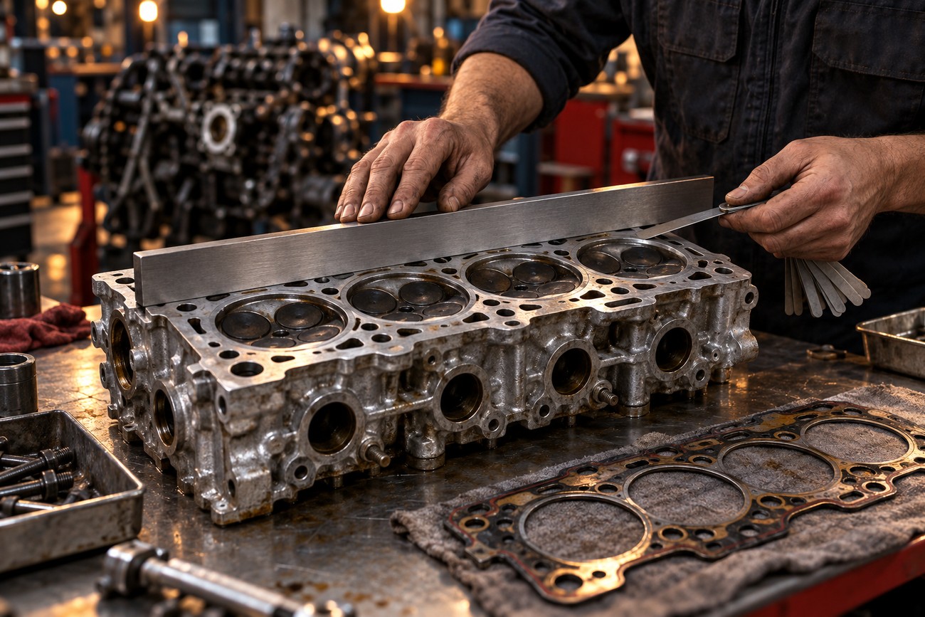 Mechanic using a straight edge and feeler gauge to check cylinder head warp in a workshop