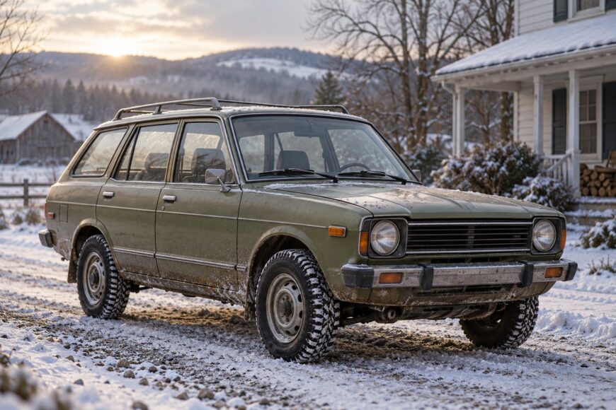 A classic green Subaru Leone station wagon parked on a snowy country road in front of a rural house during a winter sunset