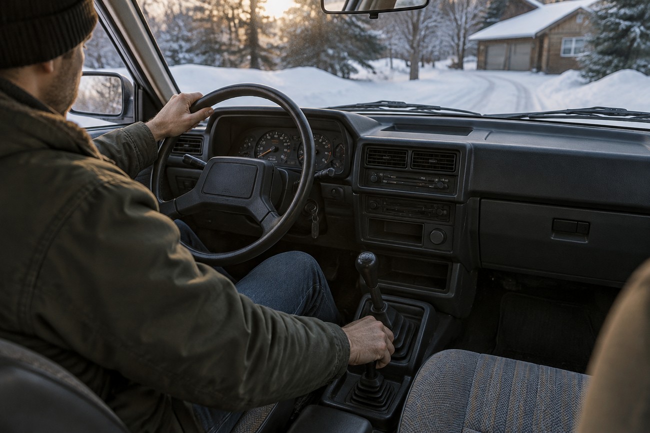 Driver holding the steering wheel and manual gear shifter inside a Subaru Leone wagon during winter