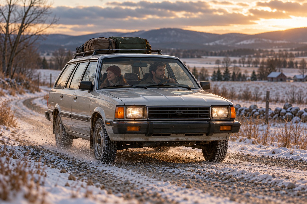 A vintage silver Subaru Leone station wagon with luggage on the roof rack driving along a snowy country road at sunset with a couple inside