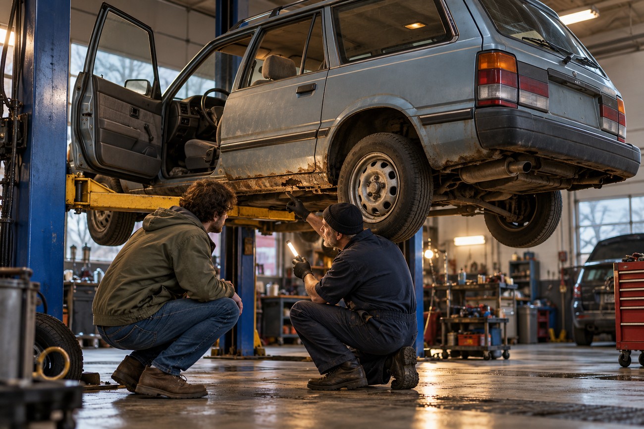 Mechanic with a flashlight and a colleague examining rust on the underbody of a lifted Subaru Leone station wagon in a garage