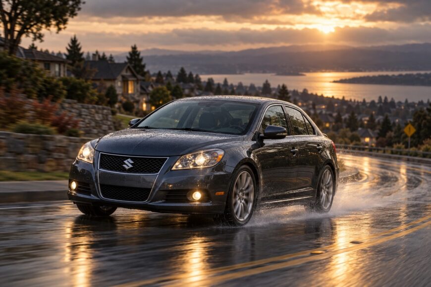 A dark gray Suzuki Kizashi sedan driving on a wet coastal road during a golden sunset