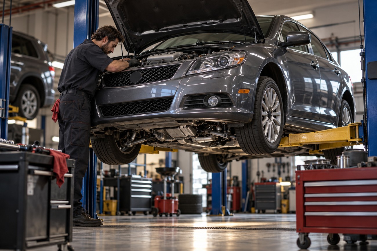 A male mechanic working on the engine of a gray Suzuki Kizashi sedan lifted on a hydraulic hoist in a garage