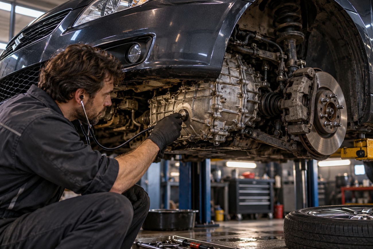 A mechanic in black uniform using a stethoscope to listen to engine components of a Suzuki Kizashi lifted in a garage