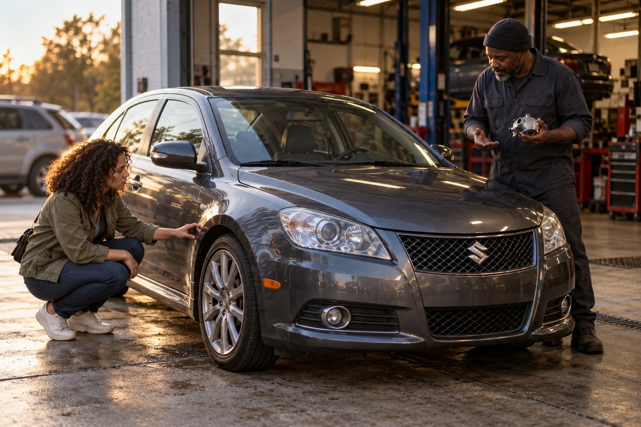 Mechanic talking to a woman inspecting her gray Suzuki Kizashi sedan inside an auto repair shop