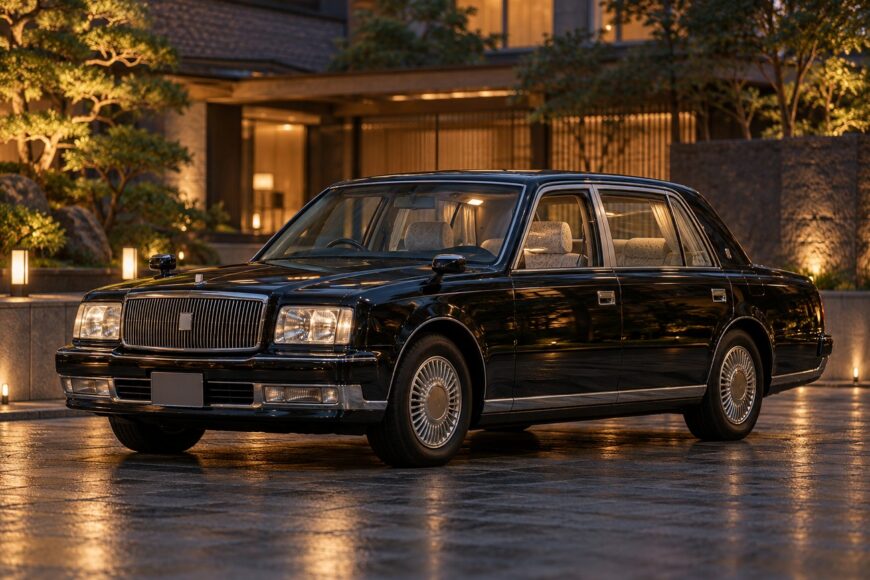 Black Toyota Century luxury limousine parked on a paved courtyard illuminated by warm evening lights in front of a modern Japanese estate