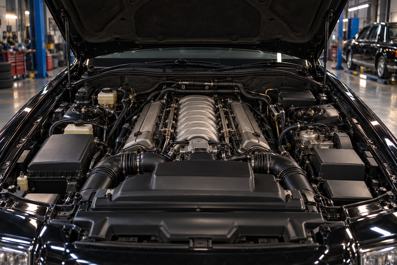 Under the open hood of a black luxury car showing its powerful V12 engine in a workshop