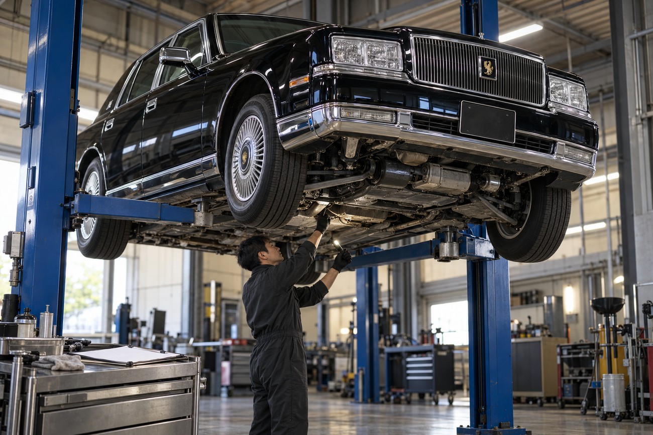 A mechanic in black overalls inspecting the undercarriage of a luxury Toyota Century limousine on a hydraulic lift in a service shop