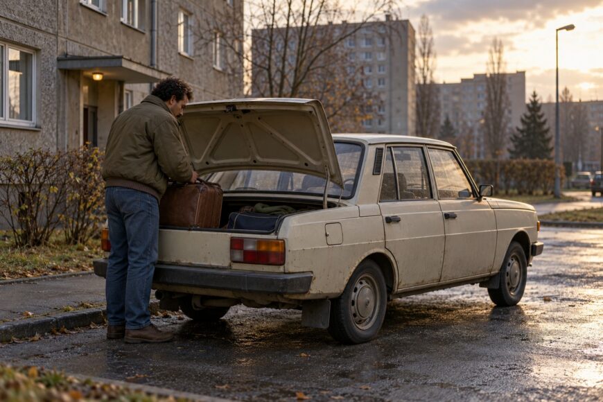 A man in a jacket loading a leather suitcase into the open trunk of a beige Wartburg 353 sedan parked near panel apartment buildings