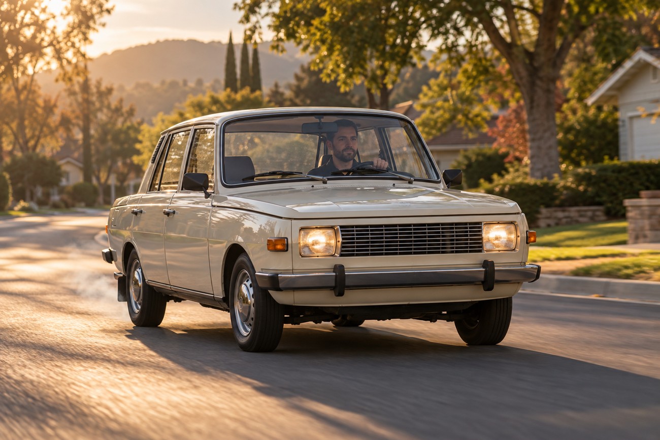 A man driving a vintage beige Wartburg 353 sedan along a suburban road in the afternoon sunlight