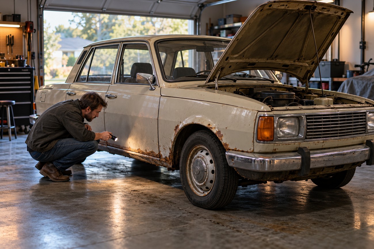 Mechanic inspecting rust on the body of a classic Wartburg 353 with an open hood in a garage