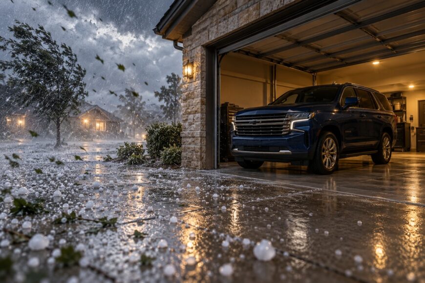A dark blue Chevy Tahoe parked securely inside a lit stone garage while heavy rain and hail fall during a severe storm outside