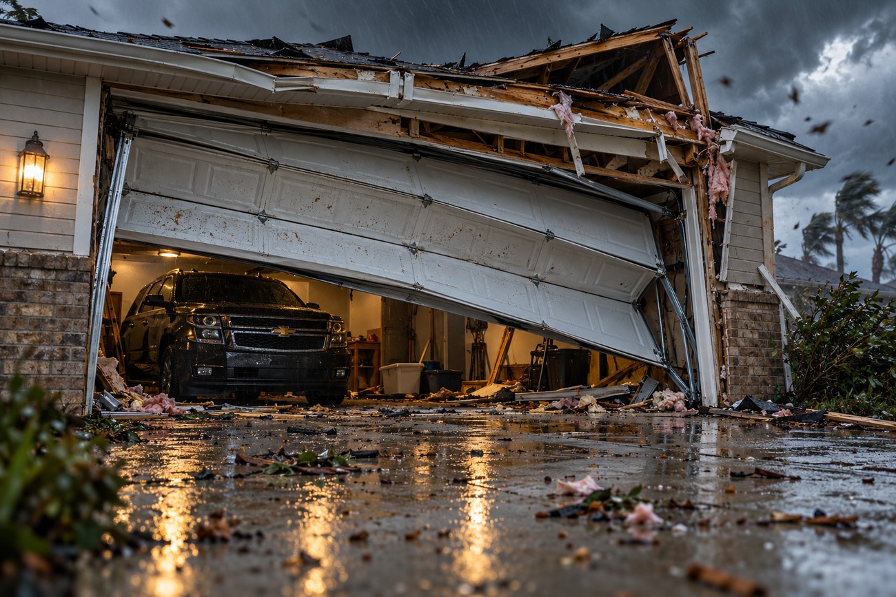 A dark Chevy Tahoe SUV parked inside a residential garage with a collapsed roof and bent door after a tornado