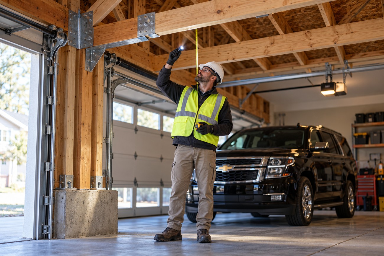 A construction inspector wearing a hard hat and safety vest uses a flashlight to check the wooden ceiling beams of a garage with a parked black Chevy Tahoe