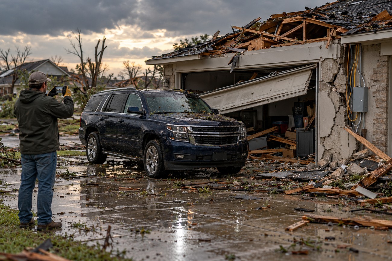 A man uses a smartphone to photograph a dark Chevy Tahoe parked outside a tornado damaged garage