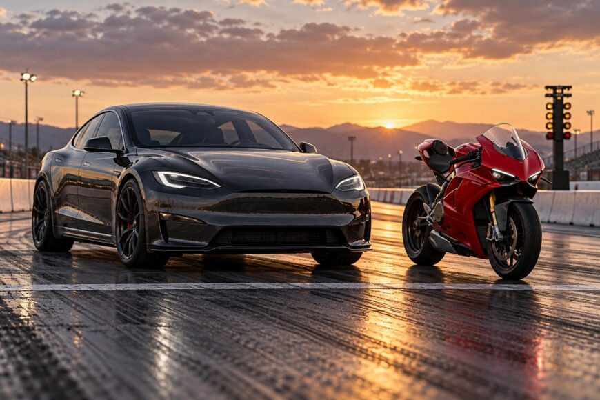 A black Tesla Model S Plaid and a red Ducati sport motorcycle lined up on a drag strip at sunset