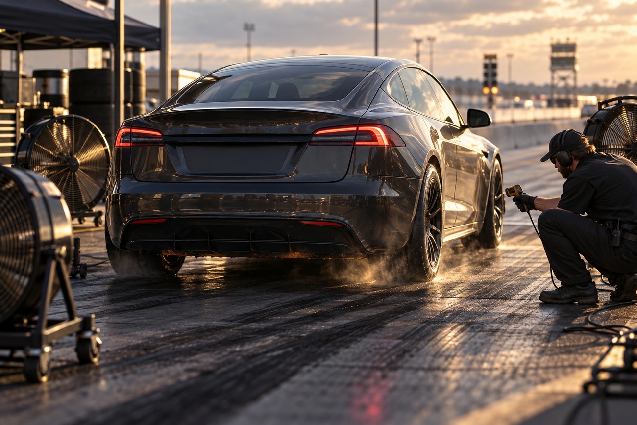 A dark Tesla Model S Plaid parked on a drag strip while a technician checks tire temperature