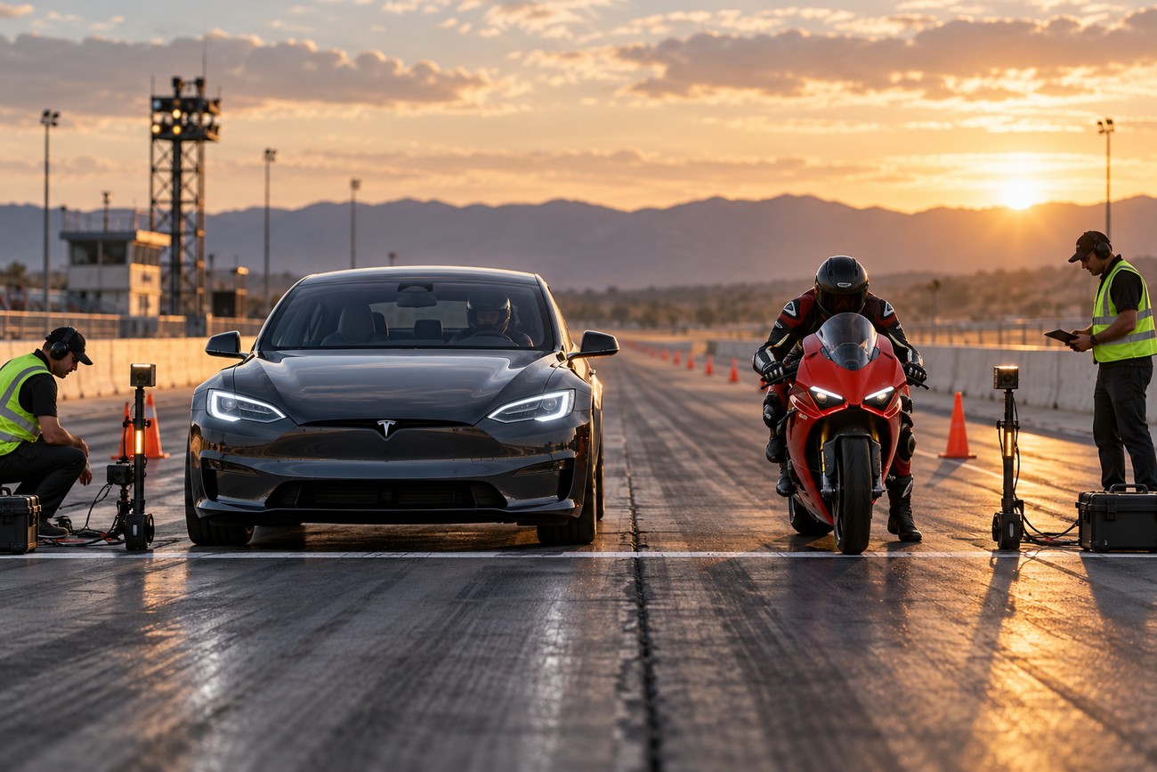 A dark Tesla Model S Plaid and a red Ducati motorcycle parked at the starting line of a racetrack during a sunset drag race showdown