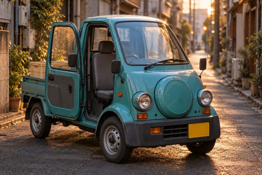 Turquoise Daihatsu Midget II kei truck with an open door parked in a narrow Japanese street at sunset