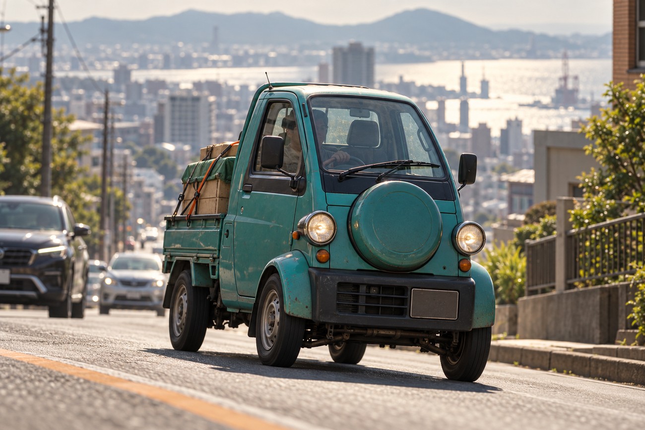 A turquoise Daihatsu Midget II single-seat kei truck driving down a sunny Japanese city street with cargo in the back