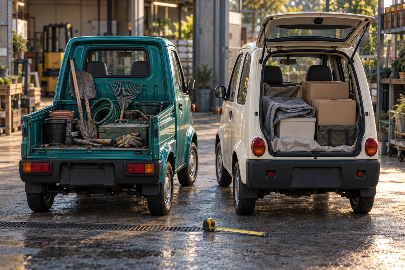 A teal and a white Daihatsu Midget II kei truck parked side by side with open cargo and rear hatch loaded with tools and boxes