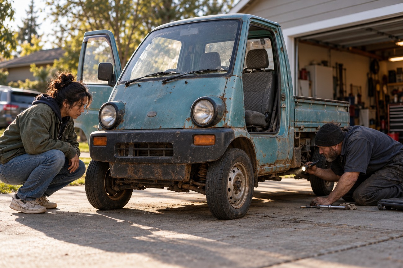 A mechanic inspecting the undercarriage of a muddy turquoise Daihatsu Midget II kei truck with a flashlight while a woman watches