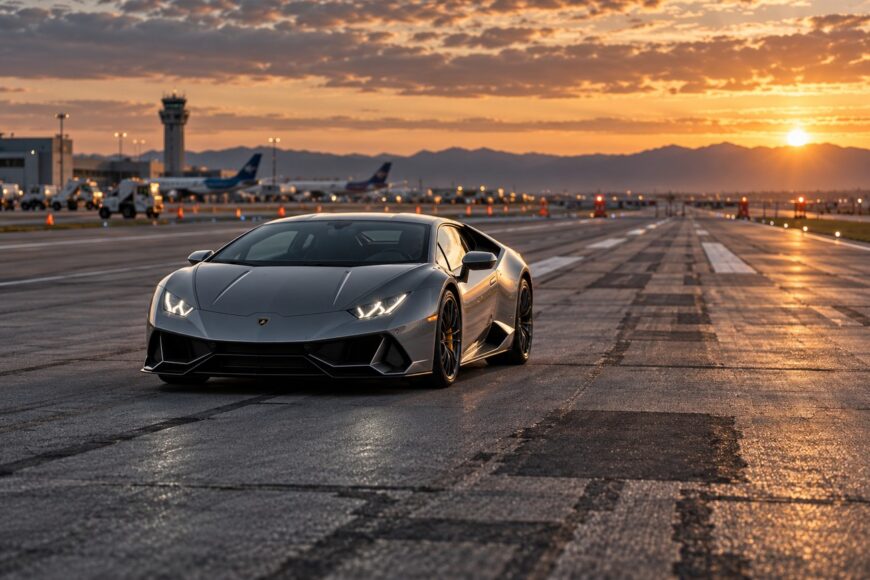 A silver Lamborghini supercar parked on an empty airport runway during a glowing sunset
