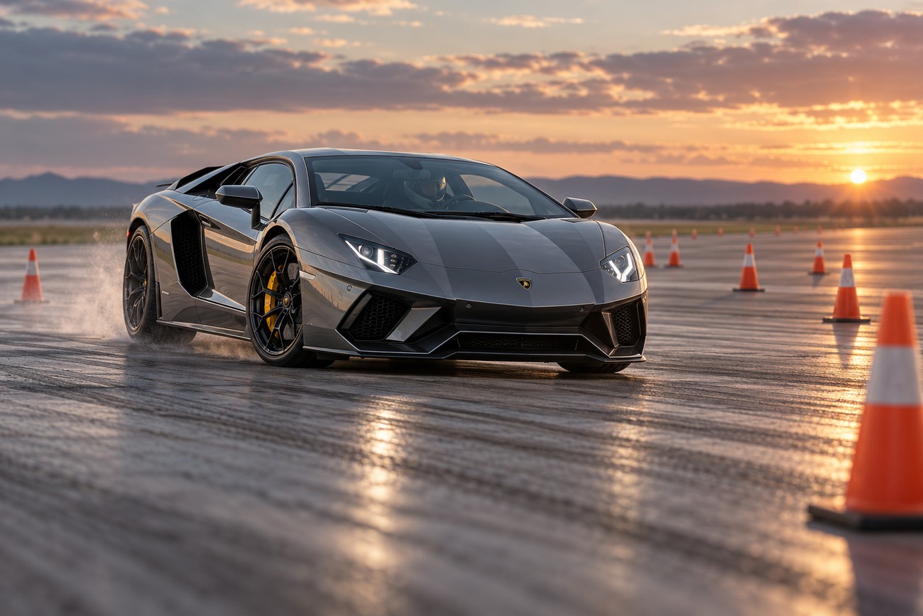 A grey Lamborghini supercar accelerating and drifting on an asphalt airport runway past orange traffic cones at sunset