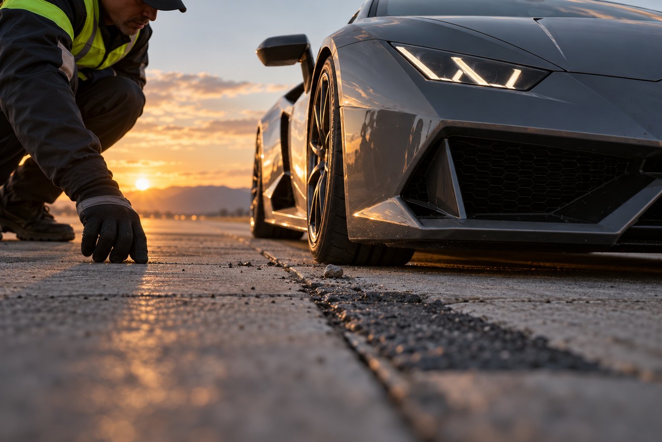 A man in a reflective safety vest checks the concrete runway surface next to a parked grey Lamborghini supercar at sunset